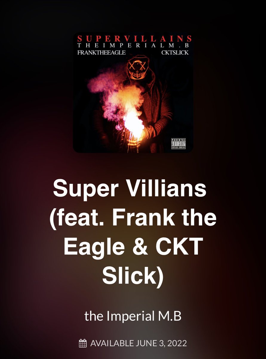 CKTSLICKGMD's tweet photo. #SuperVillains OUT NOW on #DistroKid @theImperialMB ft. #FrankTheEagle & Me. #runitup 🔥👿👿👿🔥 #musiarte #cktslick #frankeagletribe #gmdllc #phreshnessisradio https://t.co/85nsuwk8n1