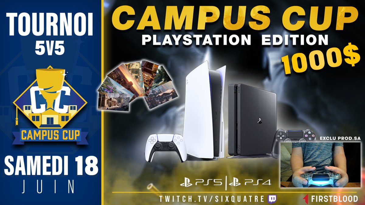 Sixquatre's tweet photo. Et si on ramenait la compétition @Rainbow6Game sur PlayStation avec @firstbloodio ? 👀

..la prochaine #CampusCup 5v5 sera sur PlayStation 4 &amp; 5 ! ❤️

📅 18 Juin (14H00)
💰1,000$ de CASH
📺 https://t.co/XAcQJUMrJT

📱Inscription : https://t.co/moTZhxDSmU

Vous aimez? RT/❤️ https://t.co/zdSx2O47H7