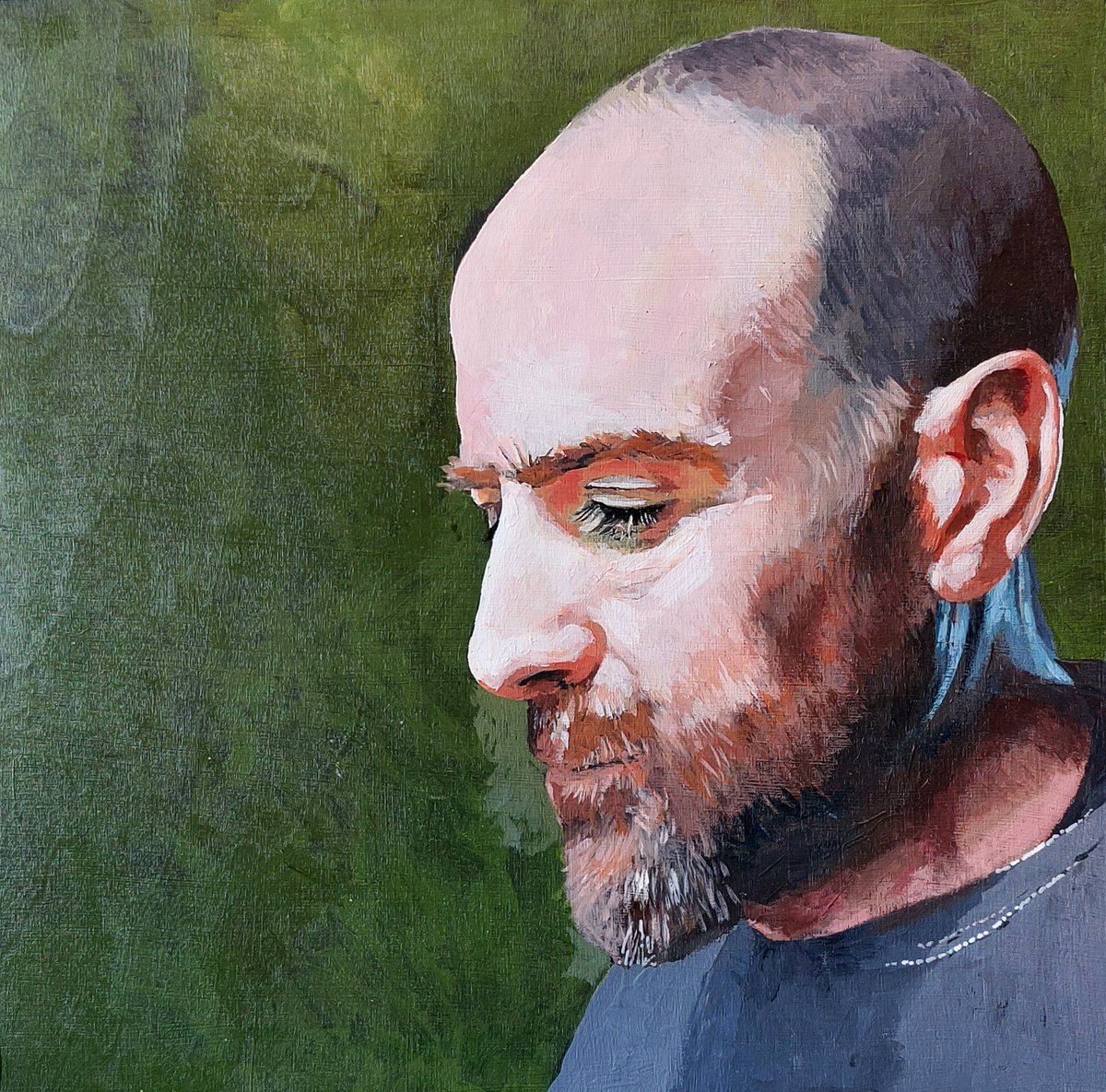 Work in progress. One of a set of four 12x12 inch portraits of my sons. Acrylic on wooden panel. This is no. 3, Simon. Eventually, if I am spared, they should all be joined as a polyptych.