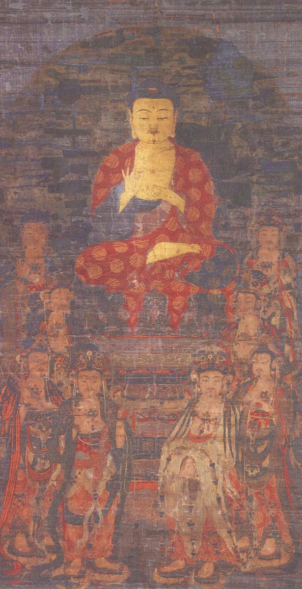高麗時代（14世紀）の「#阿弥陀八大菩薩図」。中央に金色身の阿弥陀