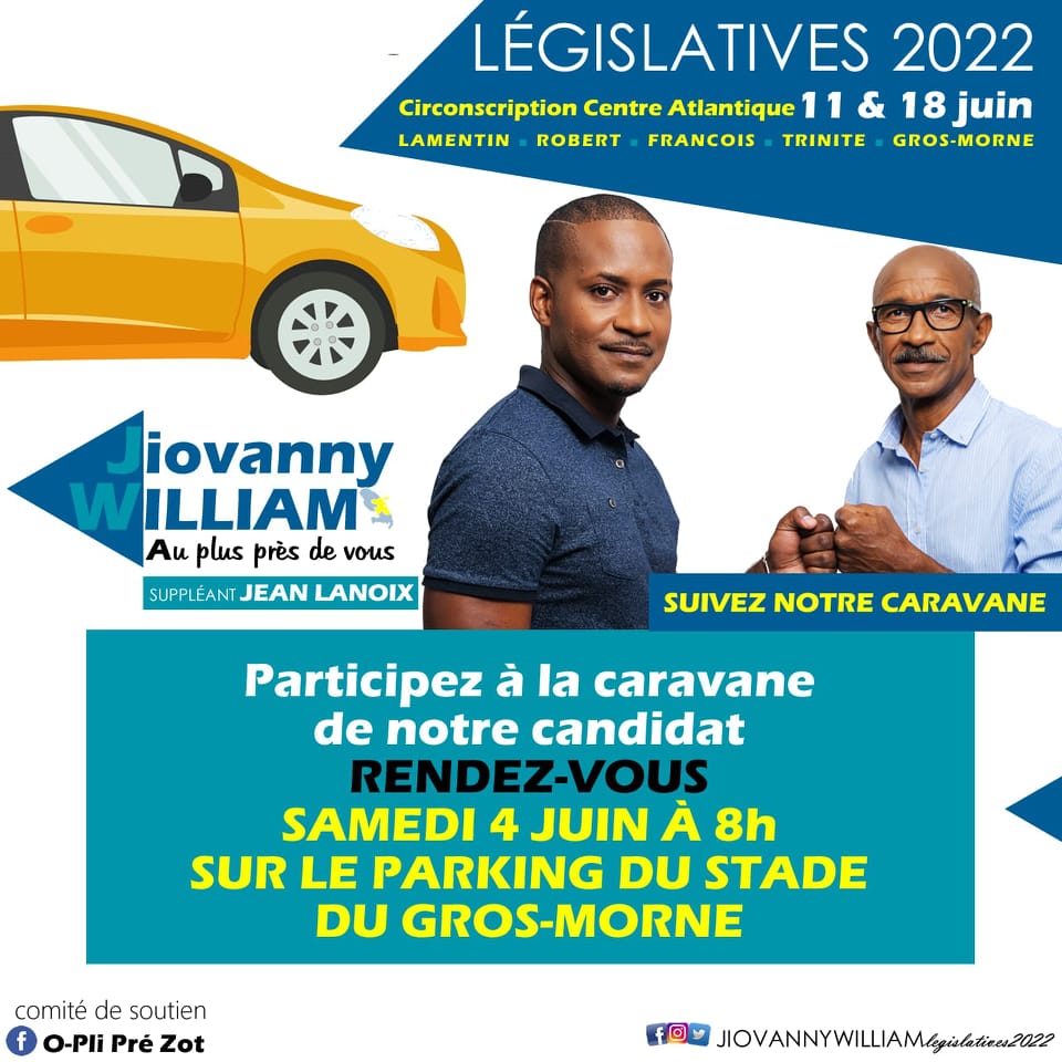 🚗 PARTICIPEZ À LA CARAVANE de notre candidat <a href="/WilliamJiovanny/">Jiovanny William</a> . Rendez-vous demain à 8h sur le parking du stade de Gros-Morne🚗🚗🚗
