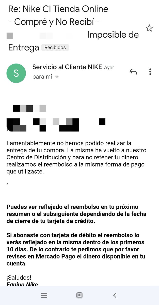 SrMarraquetaa's tweet photo. Me llegó este mail el día de ayer por parte de Nike, yo nunca solicité el reembolso, realice la compra el domingo y por problemas que tuvieron en la entrega me llega esto. Que debo hacer? Ayuda #nike #nikecl #CyberDay #Chile #ayuda @SERNAC @NikeChile https://t.co/nEey2JxHBY
