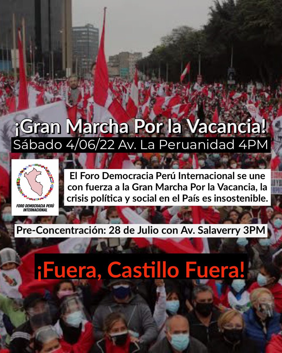 FDemocraciaPeru's tweet photo. ¡Nos unimos a la marcha contra el gobierno corrupto y comunista de Pedro Castillo👊!

🗓 Sábado 4 de Junio (4:00pm) 
Pre-Concentración: 28 de Julio con Av. Salaverry (3:00pm)
Concentración: Av. La Peruanidad.

¡Sigamos luchando por el Perú🇵🇪🤍!! https://t.co/G7XFE09Agr