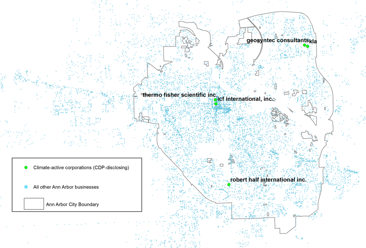 BenjaminJLeffel's tweet photo. In honor of Ann Arbor's Zero Week #A2ZEROWeek, I've mapped the companies in Ann Arbor (@A2GOV) most engaged in #climateaction (disclosing to @CDP, & carry out environmental stewardship at these facilities, as best I can tell): @thermofisher @Geosyntec @roberthalf @ICF https://t.co/Ct9TXdUWE5