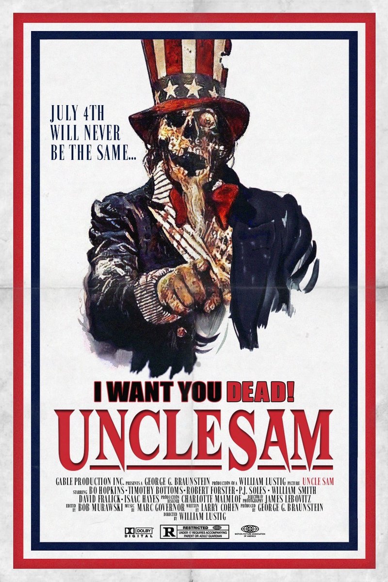 EugWSerra's tweet photo. On July 4, 1997, UNCLE SAM was released! #UncleSam #IsaacHayes #BoHopkins #PJSoles #WiiliamLustig #LarryCohen #ChristopherOgden #LeslieNeale #TimothyBottoms #RobertForster #ChrisDurand #RaquelAlessi #WilliamSmith https://t.co/V1fenDpQua