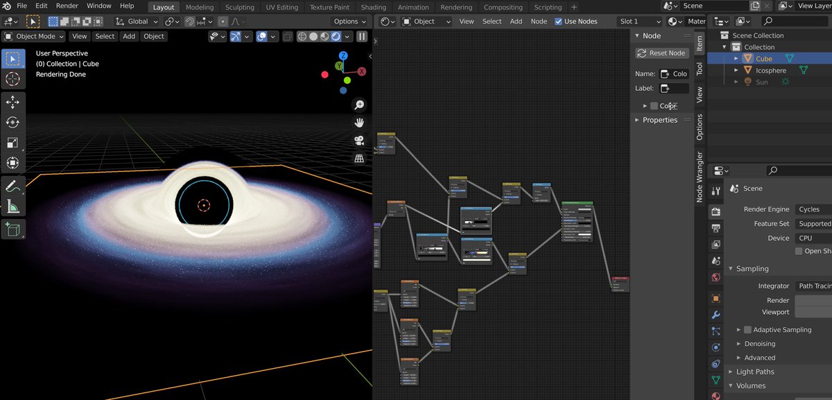 brybellringer's tweet photo. These are some early version assets for a short #scifi animation. A black hole made using #nodes The surfboard and scythe were great low poly practice. The skeleton was later model bashed to create a cyborg reaper… more on that later https://t.co/c96qfZXc07
