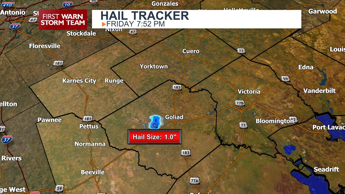 wxprobrian's tweet photo. 7:50PM: New Severe Thunderstorm Warning for Goliad county until 8:30pm. Hail up to one inch, and wind gusts up to 60 mph. Storms moving northeast at 15 mph. #CrossroadsWX #CrossroadsToday https://t.co/f9WJCleLu4