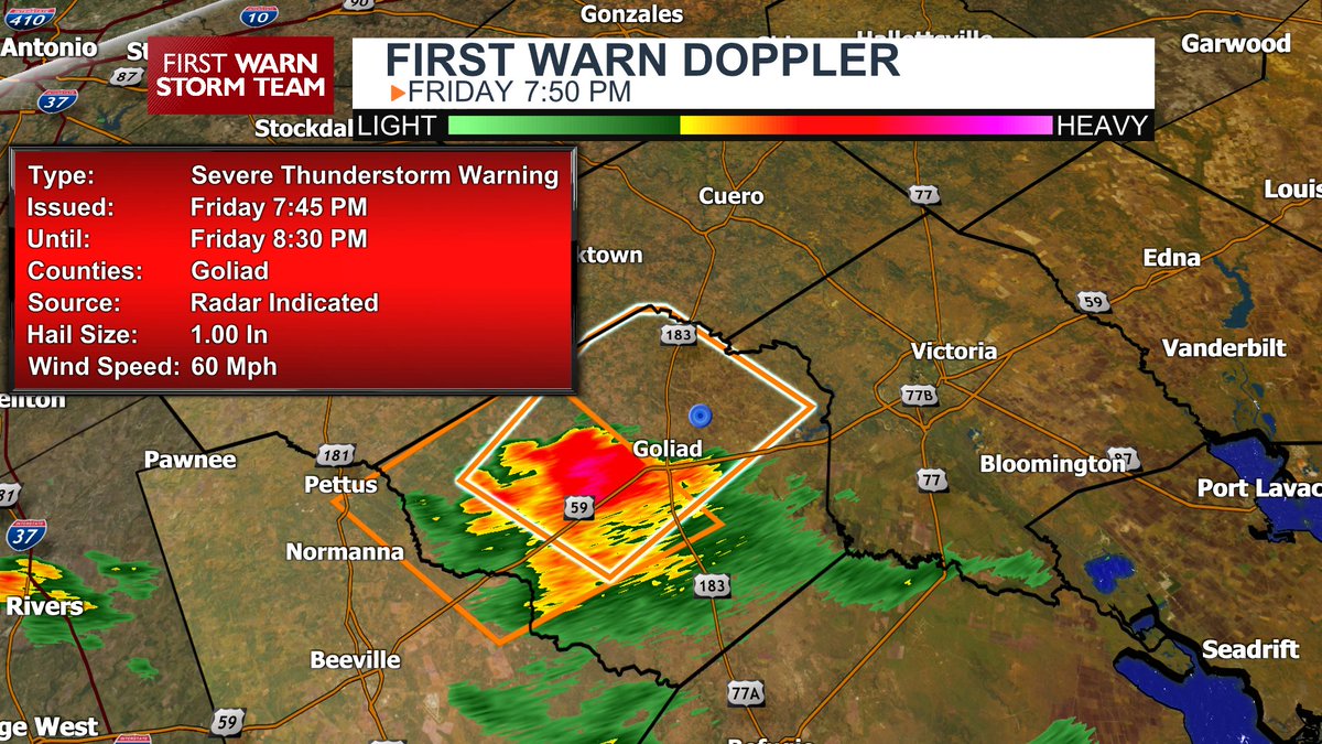 wxprobrian's tweet photo. 7:50PM: New Severe Thunderstorm Warning for Goliad county until 8:30pm. Hail up to one inch, and wind gusts up to 60 mph. Storms moving northeast at 15 mph. #CrossroadsWX #CrossroadsToday https://t.co/f9WJCleLu4
