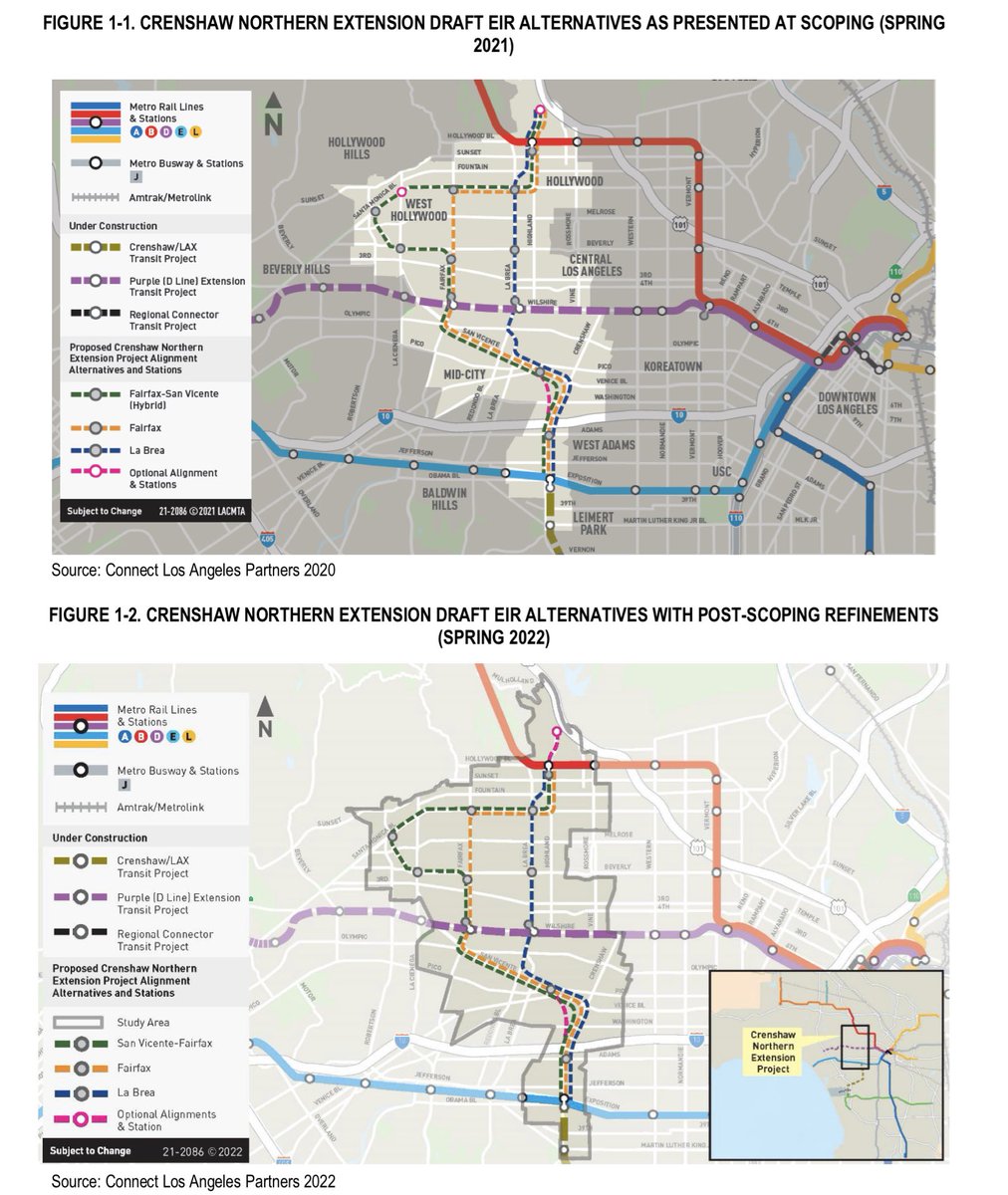 numble's tweet photo. LA Metro May 2022 update on Crenshaw Northern project. La Brea line + Santa Monica spur concepts (pushed by @mehmetikberker, @NickAndert and others) were studied-Metro says not worth further study. Also concludes to only study subways and remove La Cienega/Santa Monica station. https://t.co/i24FMmMzXg