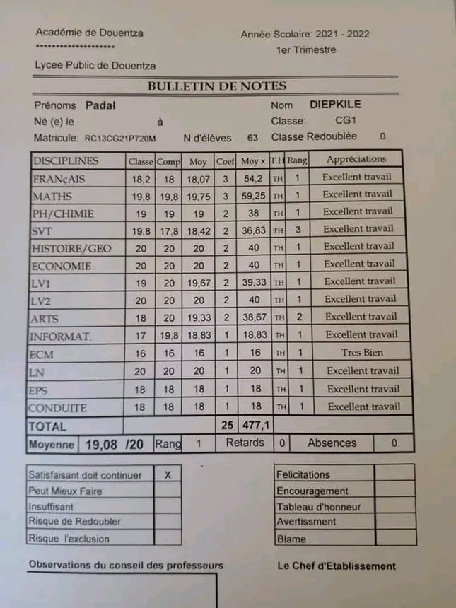 Un génie du lycée public de Douentza du nom de Mr padal Diepkile du classe 10ème CG1 qui a obtenu 19,8 . Félicitation