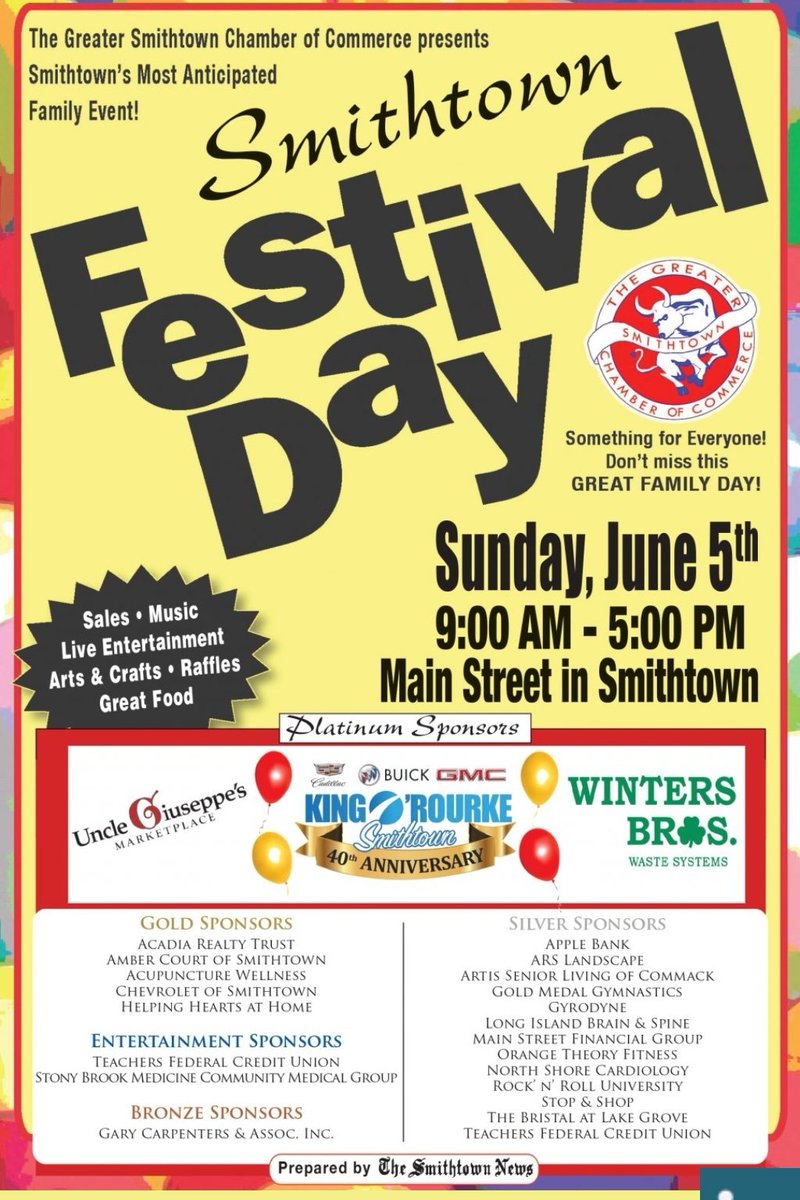 The Greater Smithtown  Chamber of Commerce "Smithtown Festival Day" is this Sunday, June 5th, on Main St. Stop on by our booth at the corner of Main St &amp; Elm St and check out our new merchandise. Hope to see you there!