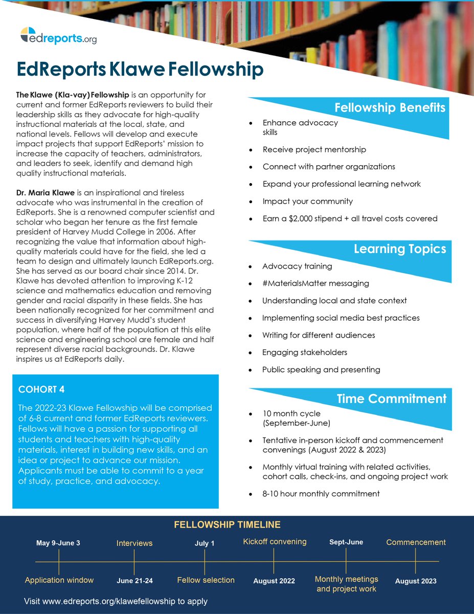 MelodyArabo's tweet photo. Calling all @EdReports reviewers! The deadline to apply for the Klawe Fellowship has been extended to Sunday 6/5. Grow your network, increase your advocacy skills, and earn a $2,000 stipend. Visit https://t.co/1vws7dNl4l to apply. #EdReportsNetwork #MaterialsMatter https://t.co/W4RtwGNmZu