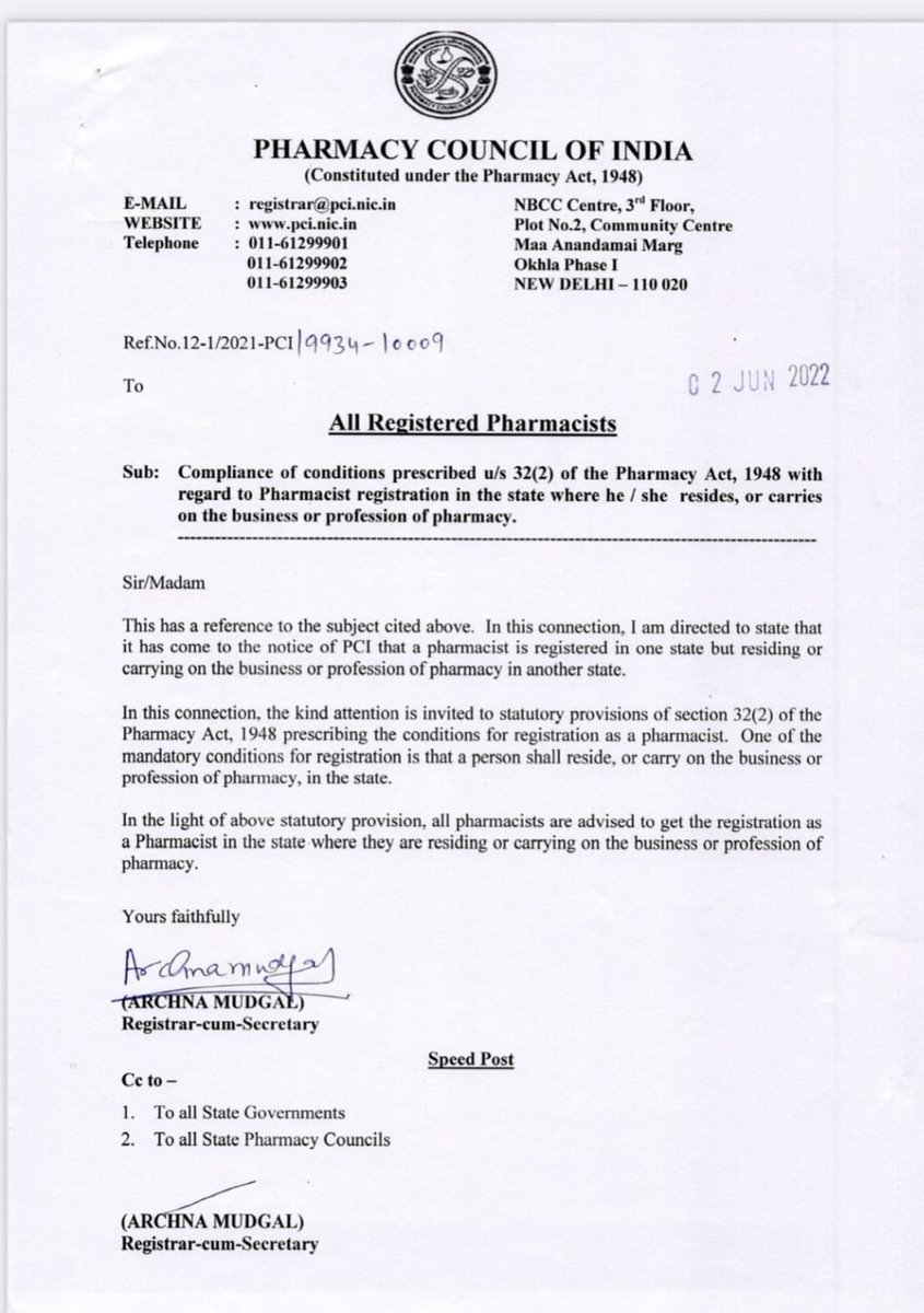 PCI अध्यक्ष @montu9689 का  एक ओर जोरदार  निर्णय 
एक राज्य में लाइसेंस किराए लगाकर खुद दूसरे राज्य में शिक्षा उत्पादन या मार्केटिंग का काम करने वाले फार्मासिस्ट की खेर नही है  PCI द्वारा देश के सभी फार्मासिस्ट को निर्देश दिया जाता है कि.....