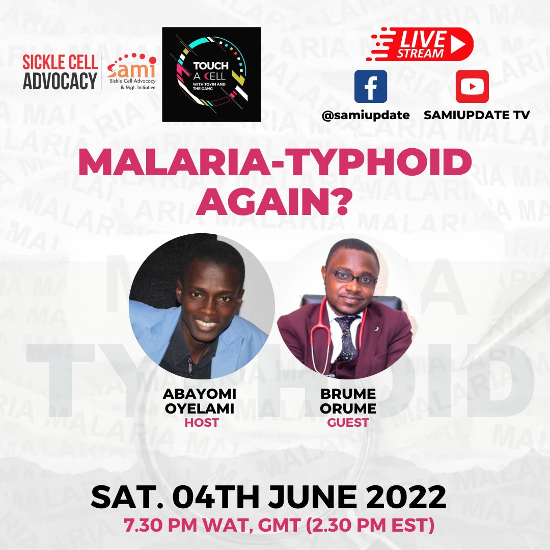 SAMIupdate's tweet photo. Malaria dis.
Typhoid dat.
So common that you start taking meds before you see a doctor π΄
Today on #TouchACell show, @yomioyelami will host Dr. @brume_orume to talk about these two illnesses
Join the show live at 7.30pm via
Facebook: @SAMIupdate
OR
YouTube: SAMIUPDATE TV https://t.co/bjtVMD1KU3