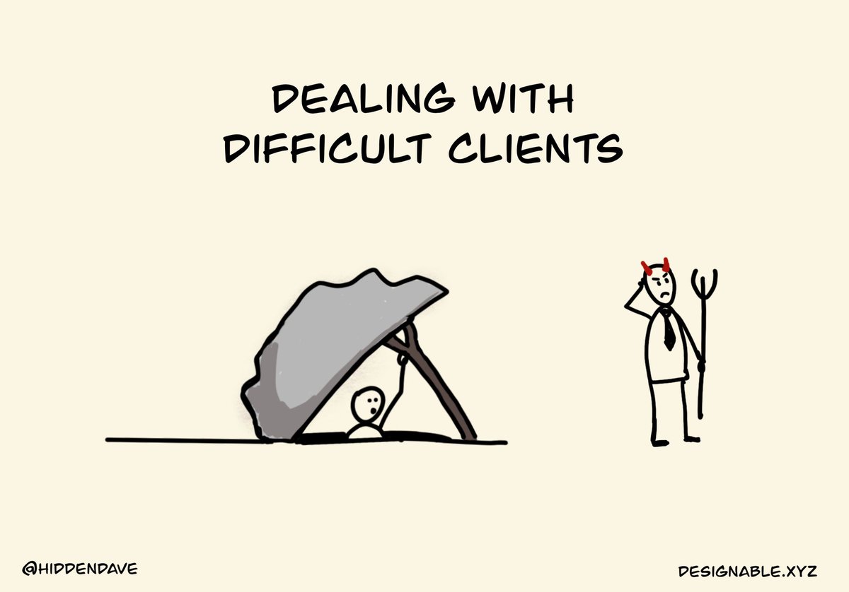 1/ Difficult clients — the ones who make you want to disappear under a rock. 

Here’s a thread full of approaches to help you fix problems &amp; inoculate future issues. Suggestions are ordered by least effort &amp; quickest fix. If the first is not suitable, move to the next.