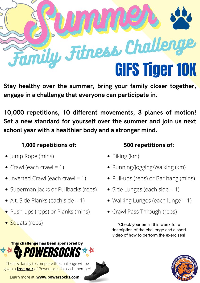 Join us in a Summer Family Fitness Challenge. Copy and share with your schools. Sponsored by the great people at powersocks.com. Email theintlmover@gmail for more deets and co. contact info! #physed #mypphe #ibmypphe #ibpypphe #pypphe