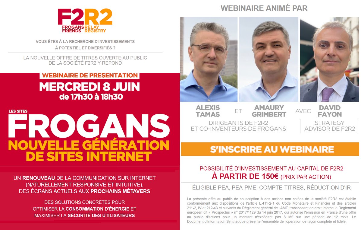 davidfayon's tweet photo. Venez découvrir la révolution #frogans, alternative au #Web, avec la société 🇫🇷 #F2R2 et le cas échéant investir : les fondateurs et moi animons un webinaire le 8 à 17 h 30.
🔜 https://t.co/vdw0jTnRwI
cc @MisterWordpress @webrankinfo @WixFrance @Dual_Media @BernardBenhamou #SEO https://t.co/X9KN1h0WdI