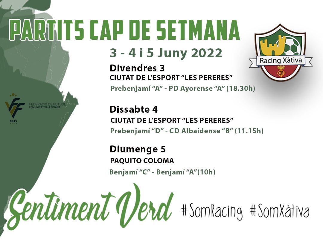 Racinguistes📣⚽️ 
Aci teniu els partits que juguem en casa dels nostres equips aquest cap de setmana💚🤍

#SomRacing #SomXàtiva