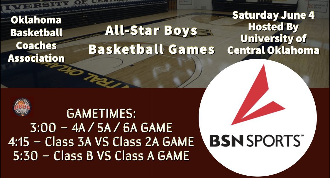 Congratulations <a href="/BChaseDavis/">Chase Davis</a> 🤌 
Go have a game, son! 
2022 OBCA All Star Game 
🕒3:00 - Saturday June 4 
🏀 4A 5A 6A West Vs East 
📍Hamilton Field House - University of Central Oklahoma 
🟣Sponsored by BSN Sports <a href="/BSNSPORTS_OKLA/">BSN SPORTS Oklahoma</a> <a href="/UCOMBB/">UCO Men's Basketball</a>