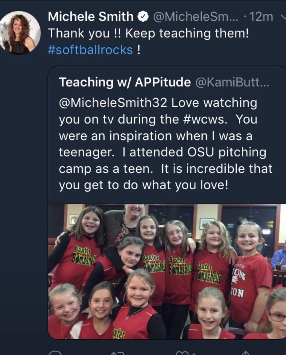 KamiButterfield's tweet photo. Favorite TWEET of all time from @MicheleSmith32  My students are still cheering you on! ❤️🥎❤️ https://t.co/r4y8zBzoRC