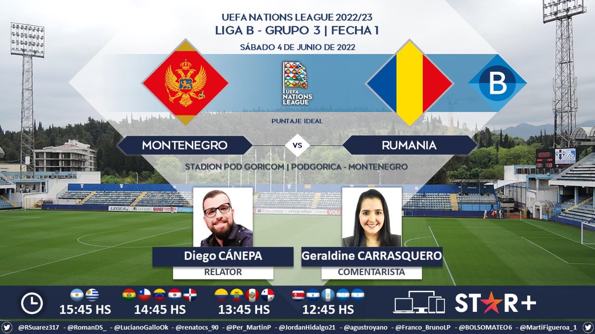 PuntajeIdealEC's tweet photo. ⚽ #NationsLeague | 🇲🇪 #Montenegro vs. #Rumania 🇷🇴
🎙 Relator: @diecanepaok
🎙 Comentarista: @GeralCB7
💻📱 @StarPlusLA Centro y Sudamérica
🤳 #NationsLeaguexESPN - #ESPNenStarPlus - #MNEROU
Dale RT 🔃 https://t.co/CRKUXZ9GGx