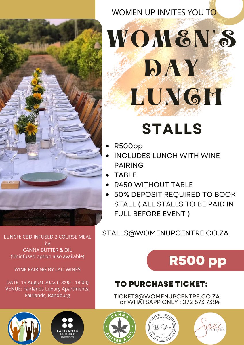 WomenUPEvents's tweet photo. Join us as we celebrate Women’s Day on the 13th August 2022. 

We will have a food and wine pairing lunch and some shopping from our stalls. It will be a relaxed afternoon for networking and information sharing for all women. We will also have pamper treatments available. https://t.co/x8lj2JFgIE