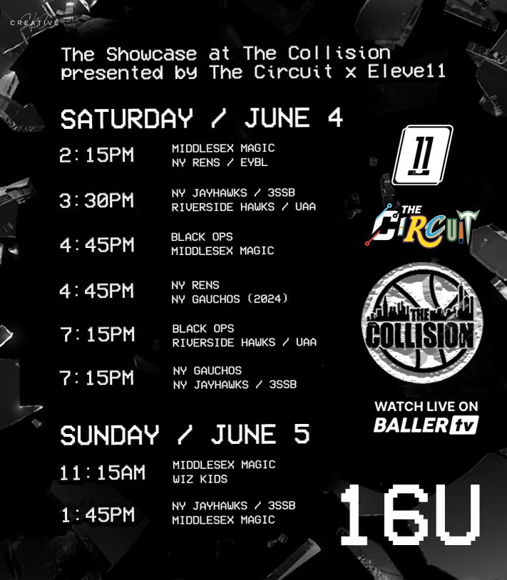 TheCircuit's tweet photo. The Showcase at The Collision 💥

@TheCircuit ❌ @Eleve11Hoops 

☑️ @MiddlesexMagic 
☑️ @NYJayhawks 
☑️ @NYRHoops
☑️ @nygauchos 
☑️ @wizkidsaau 
☑️ @blackopscadets 
☑️ @RiversideHawks 
☑️ @Heat__Elite
☑️ @milbank_flyers 

Full schedule ⤵️
https://t.co/37fu7yTbZl https://t.co/6xUgYFCSGX