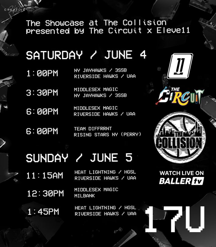 TheCircuit's tweet photo. The Showcase at The Collision 💥

@TheCircuit ❌ @Eleve11Hoops 

☑️ @MiddlesexMagic 
☑️ @NYJayhawks 
☑️ @NYRHoops
☑️ @nygauchos 
☑️ @wizkidsaau 
☑️ @blackopscadets 
☑️ @RiversideHawks 
☑️ @Heat__Elite
☑️ @milbank_flyers 

Full schedule ⤵️
https://t.co/37fu7yTbZl https://t.co/6xUgYFCSGX