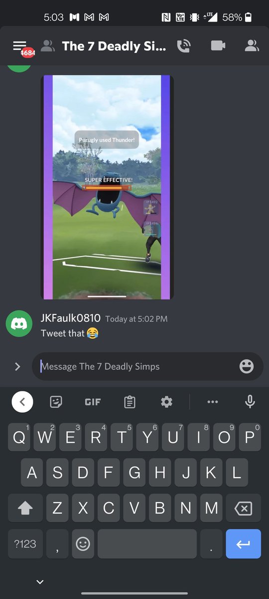 <a href="/JKfaulk0810/">Jordan</a> in our factions chat feeling cute with Purugly and deleting Golbat (but not later). Rumor has it he then created a Twitter account with the help of his lovely wife so that I could be his first retweet. Here's to you, JK.