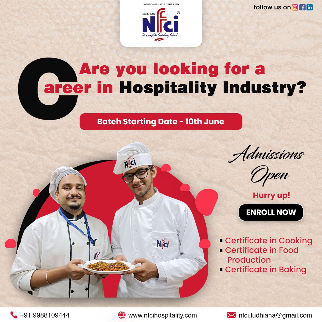 Cooking & Culinary Courses in Ludhiana.

Enroll today !! Admissions are OPEN
For more information -
Call Now: 9988109444
Email us: nfci.ludhiana@gmail.com
Visit us: nfcihospitality.com

#admissionsopen #nfciludhiana #hotelmanagement #professionalchef #bakery #cookinginstitute