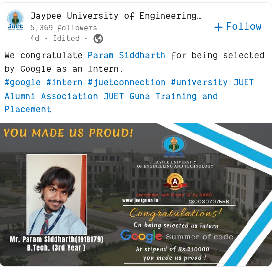 Siddhant_K_code's tweet photo. It's 2022, and College Placement Cell is still fooling innocent, unaware people with this.

GSoC != Google Intern https://t.co/XX3K6AIQDS