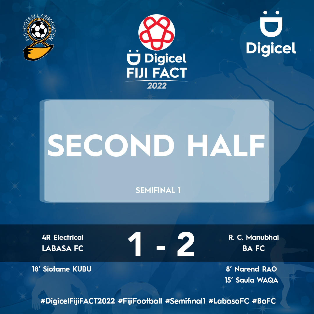 FijiFootball_'s tweet photo. SECOND HALF | We are now into the next 45 minutes.
#DigicelFijiFACT2022 #FijiFootball #Semifinal1 #LabasaFC #BaFC https://t.co/ESMTycJpe1