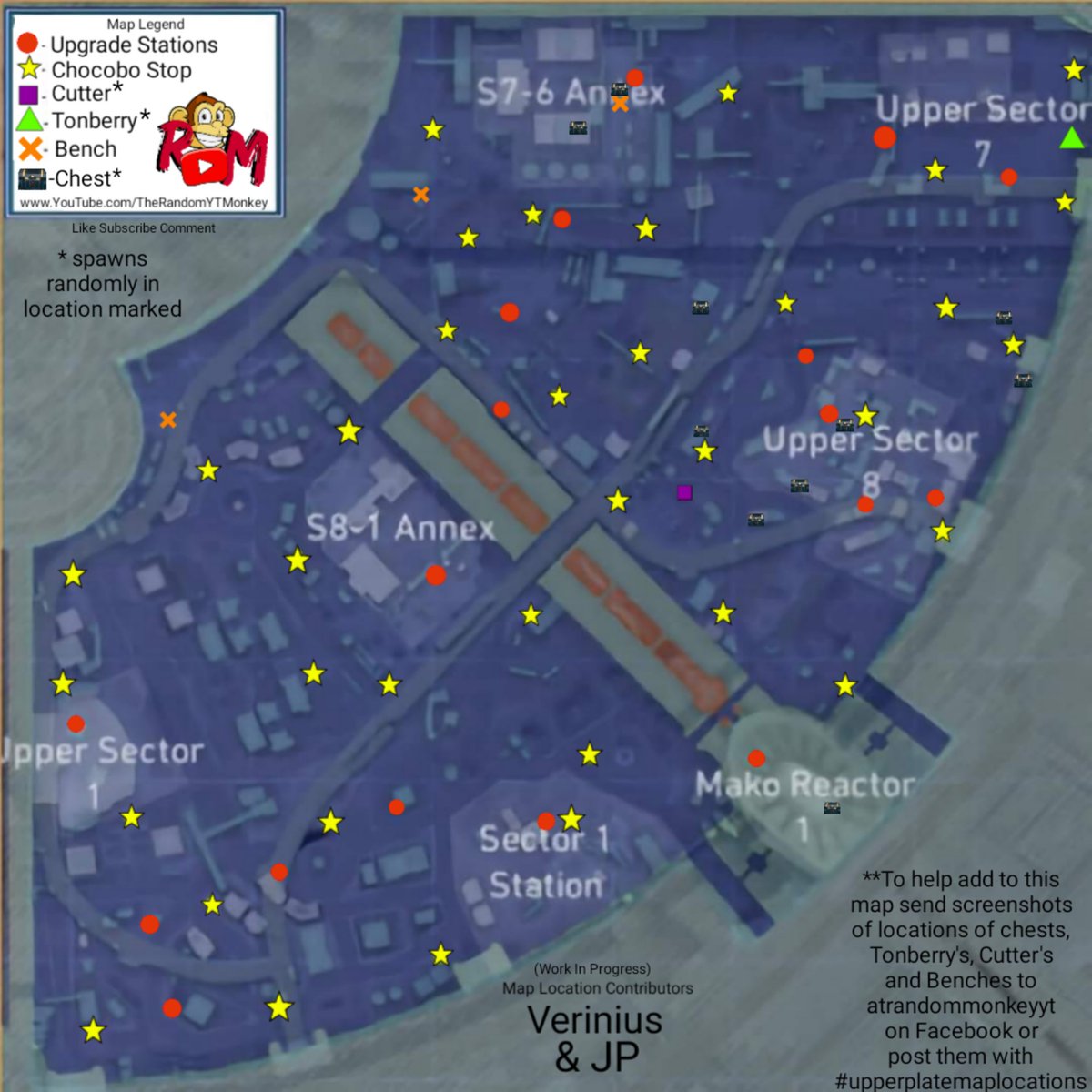 RandomYTMonkey's tweet photo. Still a work in progress but here is what I've gotten done today. Now more visible and color blind friendly and with a few chest locations. Still need more chest and bench locations as well as Tonberry and Cutter spawn points. #upperplatemaplocations #FF7FS #ff7fsseason3launch https://t.co/QebHE521z7