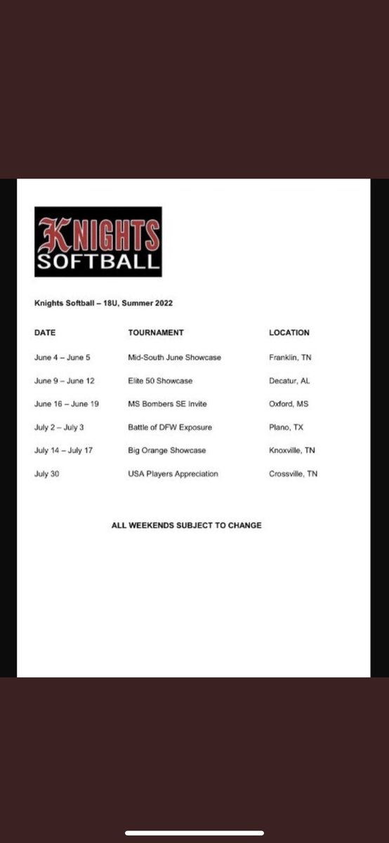 Brook McCray (@brook_mccray) on Twitter photo Schedule for this weekend…Saturday: 1:30 f3,4:30 f4, 7:30 f2
Sunday:TBA
All games are played at Fly Park in Franklin! Can’t wait to play with my girls! <a href="/TNStateSoftball/">TSU Softball</a> <a href="/GovsSB/">Austin Peay Softball</a> <a href="/Dawsie12/">Sarah Daws</a> <a href="/VSCCPioneersSB/">Vol State Softball</a> <a href="/LipscombSB/">Lipscomb Softball</a> <a href="/UUAthleticsSB/">Union University Softball</a> <a href="/GoMocsSB/">Chattanooga Softball</a> @LWCSoftball Schedule for this weekend…Saturday: 1:30 f3,4:30 f4, 7:30 f2
Sunday:TBA
All games are played at Fly Park in Franklin! Can’t wait to play with my girls! <a href="/TNStateSoftball/">TSU Softball</a> <a href="/GovsSB/">Austin Peay Softball</a> <a href="/Dawsie12/">Sarah Daws</a> <a href="/VSCCPioneersSB/">Vol State Softball</a> <a href="/LipscombSB/">Lipscomb Softball</a> <a href="/UUAthleticsSB/">Union University Softball</a> <a href="/GoMocsSB/">Chattanooga Softball</a> @LWCSoftball