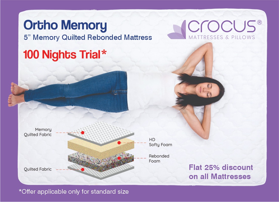 Enjoy 25% discount with 100 Night Trail Offer*
Ortho Memory is most recommended mattress for the people who are looking for dual benefit of Orthopaedic as well comfort. 
#crocusmattresses #crocuspillow #startupindia #startupbusinesses #foammattress #springmattress #indianmattress