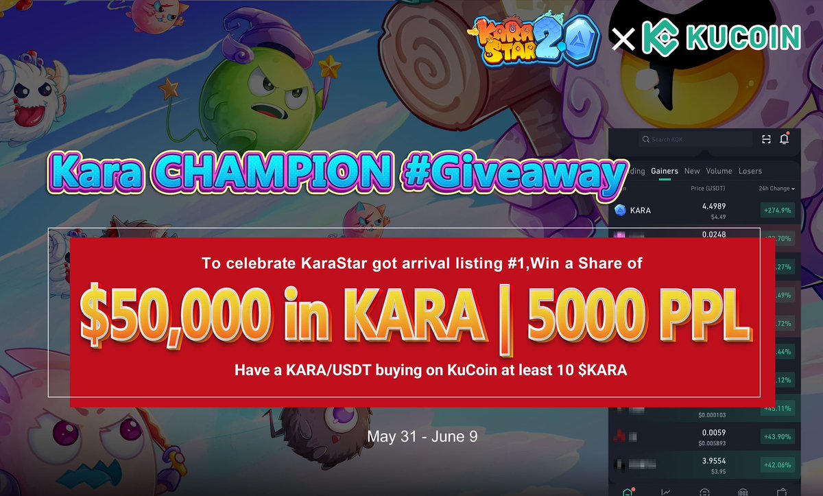karastargamefi's tweet photo. GM!

3rd event of 🥳#KaraStar Land Carnival —— KaraStar Champion #Giveaway  !

😍 To celebrate KaraStar got Top1 on #KuCoin arrival listing, win a share of $50000 in Kara! 

🏄🏻‍♂️Have at least 10 $KARA/USDT on @kucoincom can join the giveaway!

🤾‍♂️Don’t hesitate to buy Kara RIGHTNOW! https://t.co/er8nH8zGaE