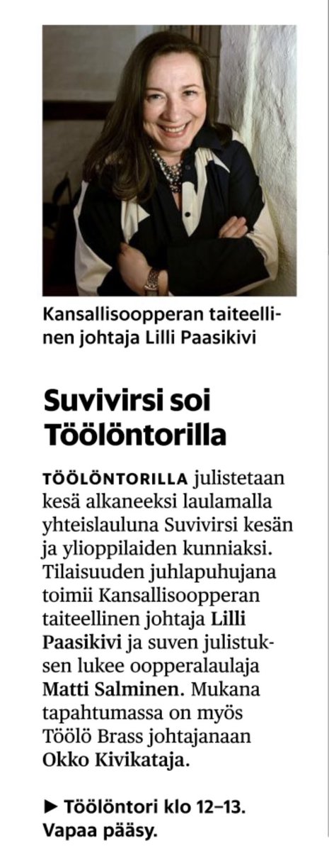Aamun <a href="/hsfi/">Helsingin Sanomat</a> antaa parhaan vinkin siitä, minne kannattaa suunnata tänään puolilta päivin.

Sadepisarat tulee ja menee, #Suvivirsi kajahtaa #töölöntori satoi tai paistoi 🎶☀️☔️☀️🎶

Samalla kaupungin uusi #tapahtumalava vihitään käyttöön. Kiitos <a href="/filsdeproust/">juhana vartiainen</a> 🙏