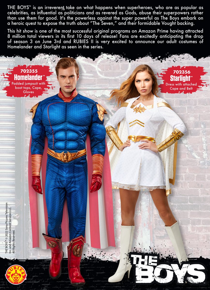 Season 3 of The Boys just dropped today on Amazon Prime and RUBIES II could not be more excited to announce our new costumes of Homelander and Starlight! See our where to Buy page at rubies.com/online-retaile… for where to purchase these products and more.