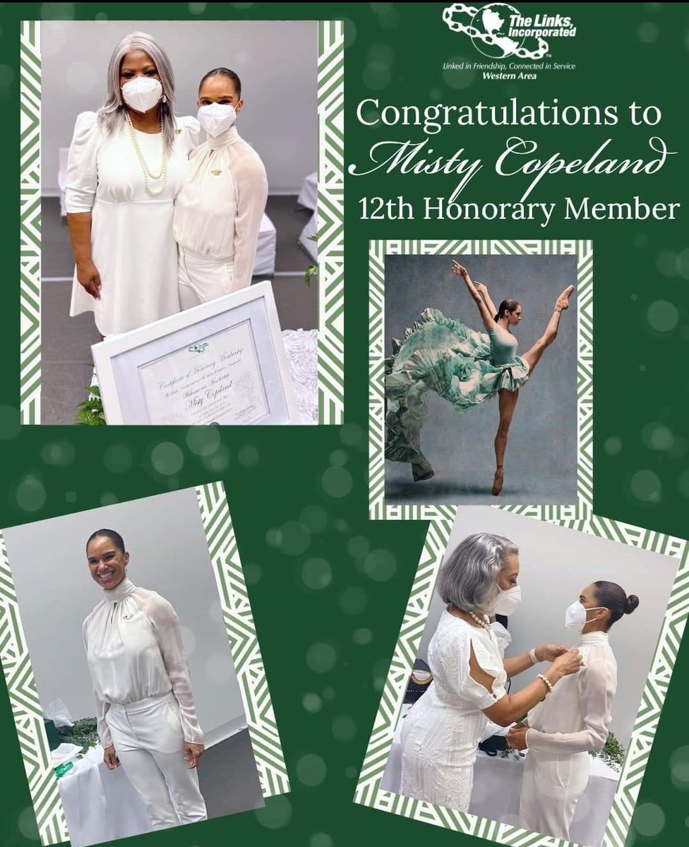 michellem1908's tweet photo. “What a joy it was today for me to welcome Principal Ballerina and trailblazer Misty Copeland to our chain of friendship of The Links, Incorporated. On behalf of the entire Western Area, ￼we embrace our 12th Honorary Member and Link sister with open arms!”

#LinksInc #WALinks https://t.co/aaYTgNpI4H