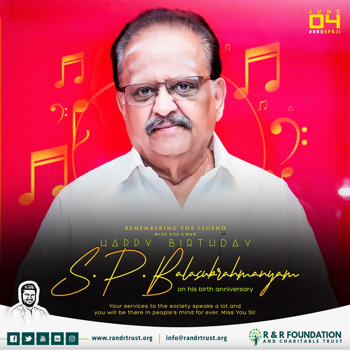 Foundation_RR's tweet photo. Remembering the legend S. P. Balasubrahmanyam on his Birth Anniversary👑 #HBDSPB 🎂💐 sir
Your services to society speak a lot and you will be there in people's minds forever. Miss You Sir
#RRFoundationTrust #SPBalasubrahmanyam #HBDSPB #SPBBirthday #HBD_SPB #SPB #HBDSPB https://t.co/C5PkhgQeXj