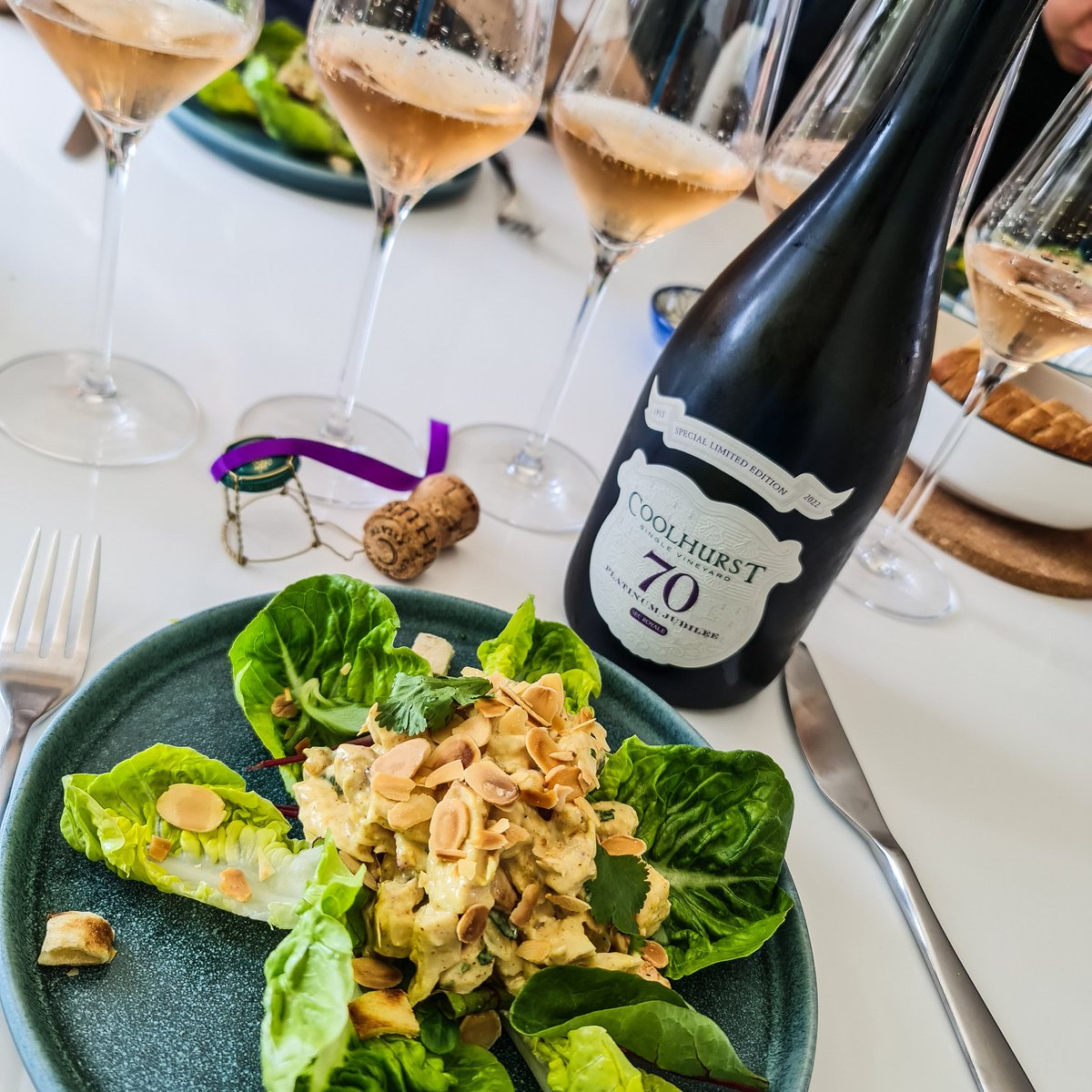 Made the most of the Bank Holiday Friday with a #Jubilee special lunch of Coronation Chicken salad, follow we d by matcha cheesecake. Both paired with the indulgent and very rare <a href="/coolhurstestate/">CoolhurstVineyards</a> Sec Royale.