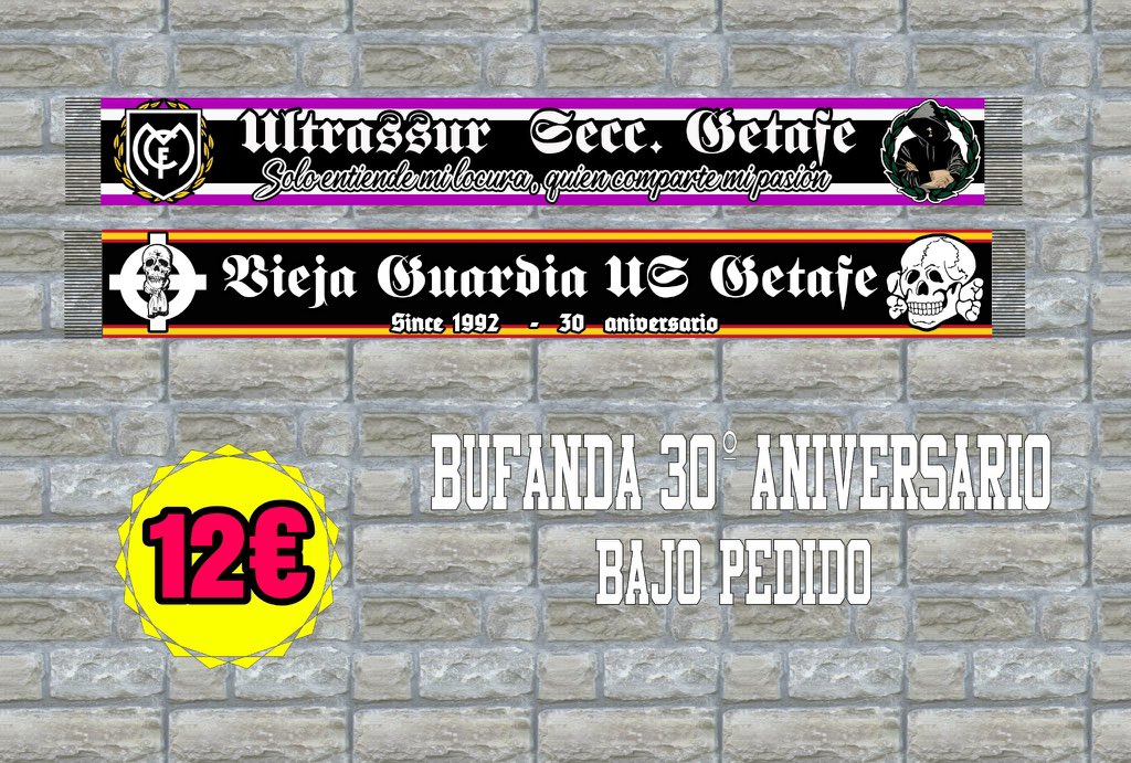 USGETAFE's tweet image. Con motivo de XXX ANIVERSARIO de una las secciones más longevas de ULTRAS SUR.
Bufanda :12€
Camiseta 15€
Para más información MD