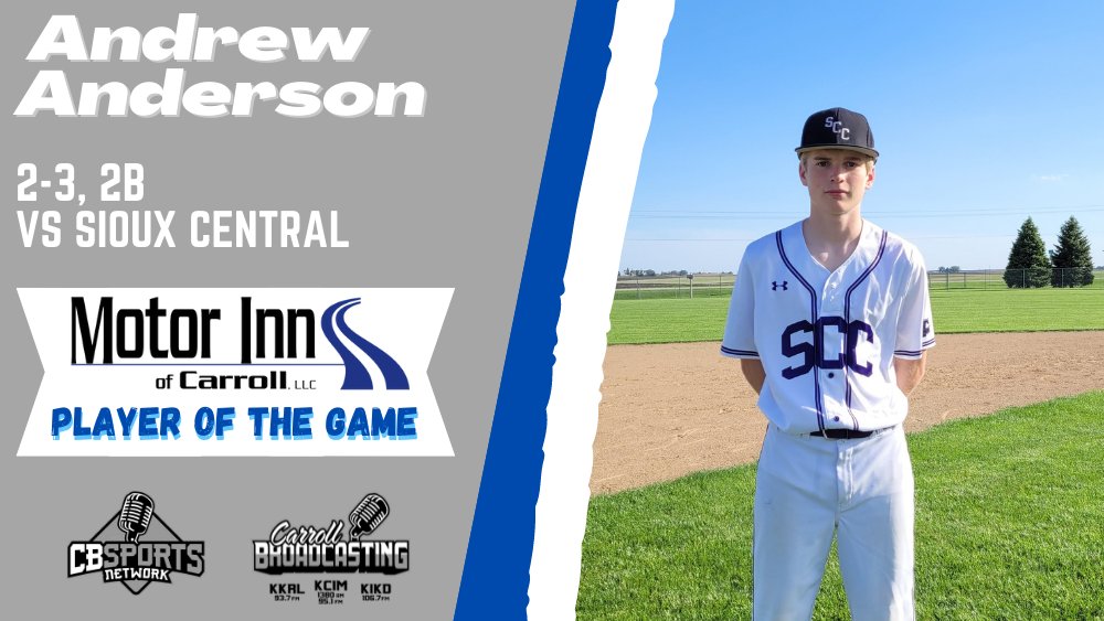 Congratulations to Andrew Anderson of South Central Calhoun on being named Motor Inn Player of the Game Vs Sioux Central on Friday, June 3rd. The Titans led after 5 innings but fell 24-9. 
<a href="/scc_titans/">SCC Titans</a> <a href="/jsoard55/">Jayden Soard</a> <a href="/BrockNattress/">Brock Nattress</a> <a href="/CBSportsNetwork/">Carroll Broadcasting Sports Network</a> <a href="/NickBrincks/">Nick Brincks</a> <a href="/TheTylerBrunner/">Tyler Brunner 🎙️📹</a>