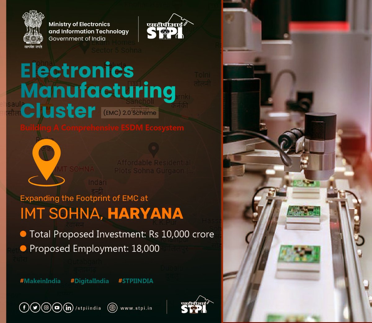stpiindia's tweet photo. #EMC projects under #EMC2.0 at #IMTSohna can attract an investment of Rs. 10,000 crore & create employment for 18,000 people, enabling the #ESDM ecosystem to drive economic growth of the region. Explore: https://t.co/80dcLjx2mH. #STPIINDIA @GoI_MeitY @_DigitalIndia @makeinindia https://t.co/ay5iZepEwX