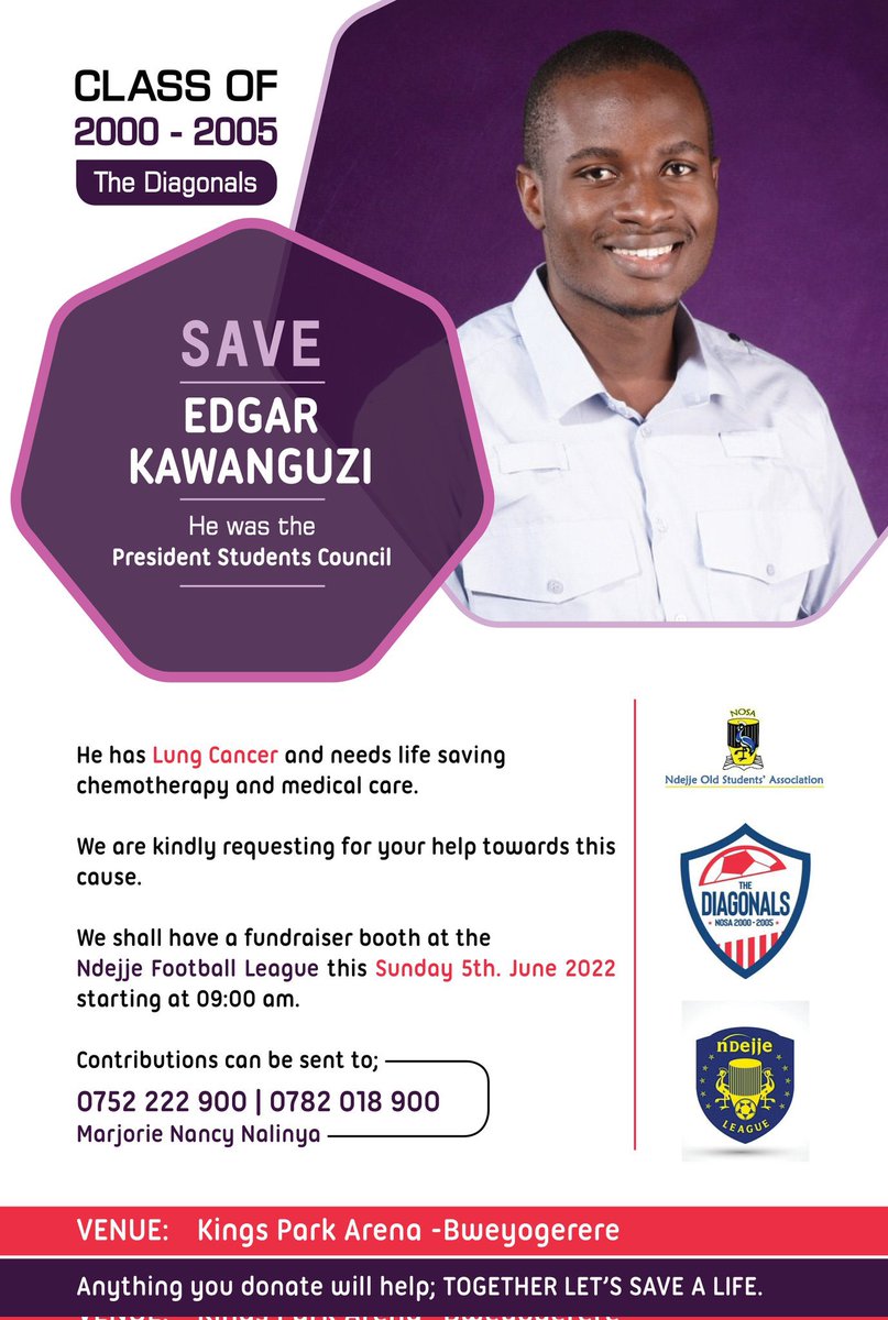 This Sunday at King’s Park we are Supporting our brother of <a href="/Diagonals00/">Diagonals ‘00</a> bit Cancer💪🏾

Come show some love♥️

#NdejjeLeague