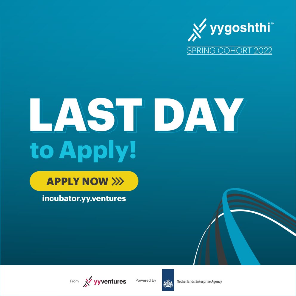 ⏳ Applications close soon!

Are you looking to take your social business to the next level?

👉 Apply for the YY Goshthi Spring 2022 Cohort before June 4, 2022, and accelerate your business. Learn more: incubator.yy.ventures

#YYGoshthi #Spring2022 #Incubation #SocialBusiness
