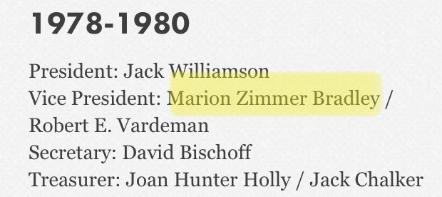 This is going to be a real trip, so strap in. We start with Marion Zimmer-Bradley, who was central to the SFWA clique and even served on the board in the 70s. MZB is a name you might know. She wrote Mists of Avalon, a feminist Arthur story you couldn’t fucking avoid in stores.