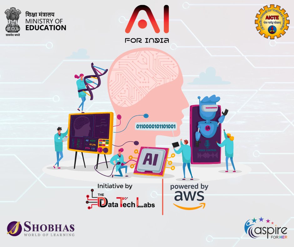 thedatatechlabs's tweet image. #aiforindia an initiative by #thedatatechlab, powered by @awscloud , with @EduMinOfIndia, @AICTE_INDIA will open doors for vibrant AI ecosystems restructuring the Indian economy. Supported by @her_aspire,@shobhasworld. #AI #aiforeveryone #AIIndia #ArtificialIntelligence #aiforall