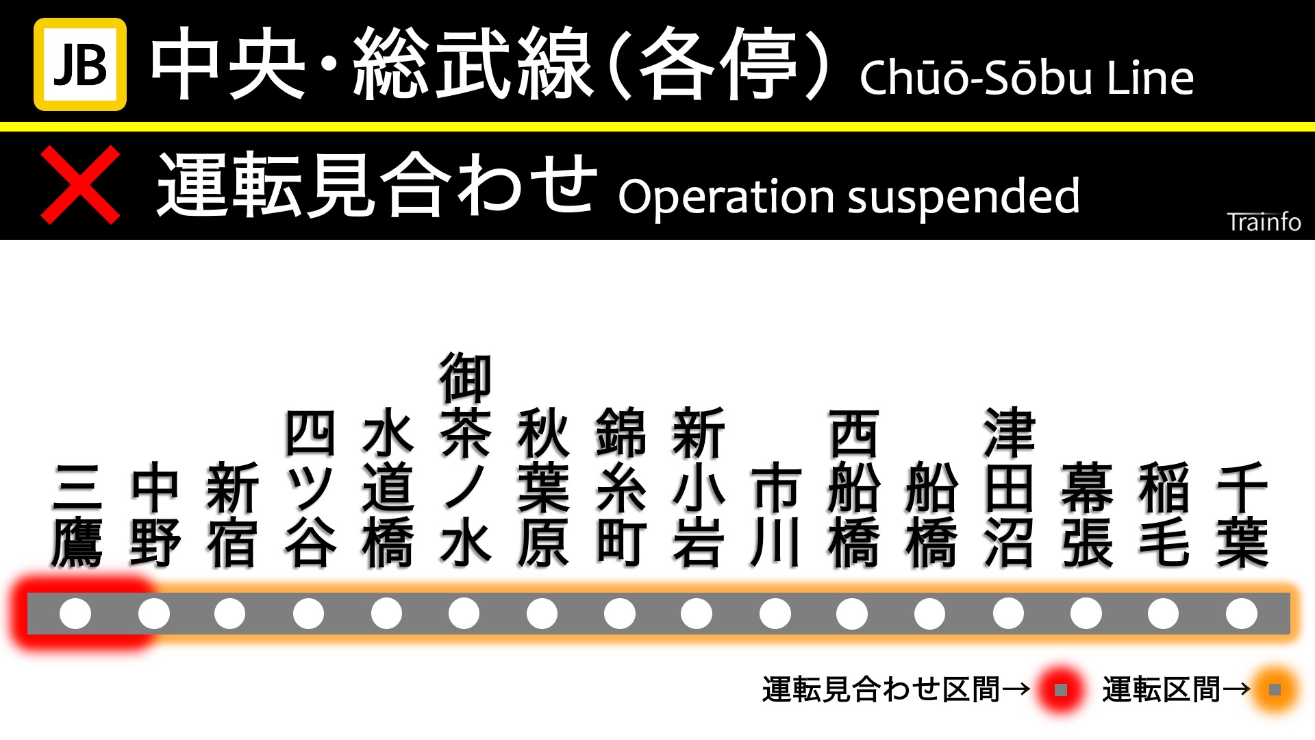 とれいんふぉ 首都圏エリア 非公式運行情報など 中央 総武線 各停 運転再開見込 15 00 中央 総武線 各駅停車は 14 05頃 中央線快速電車での人身事故の影響で 三鷹 中野の上下線で運転を見合わせています 現場状況により 再開見込は大幅に前後